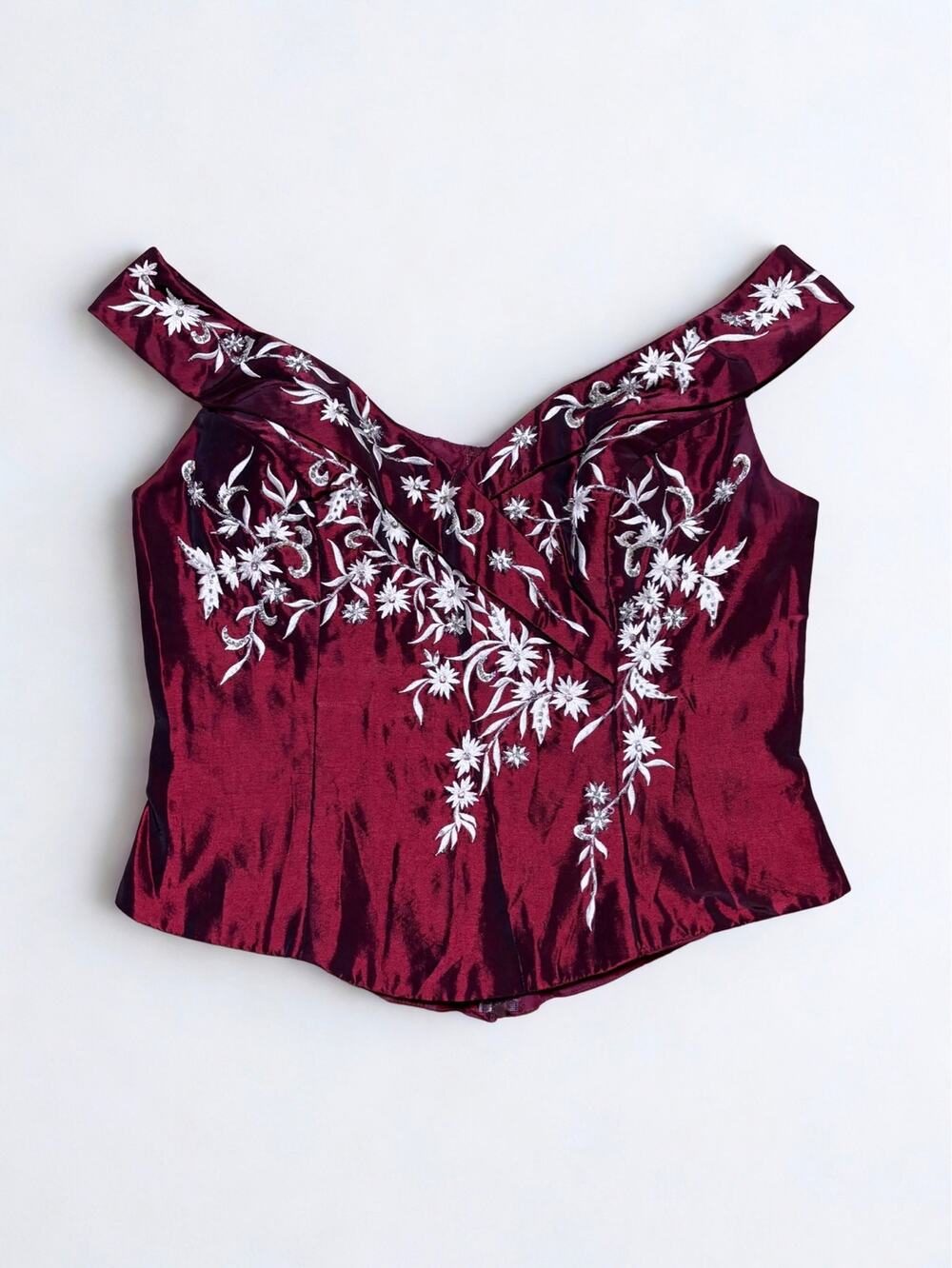 Yve London Burgundy White Floral Embroidery Glass Beaded Boned Corset Top